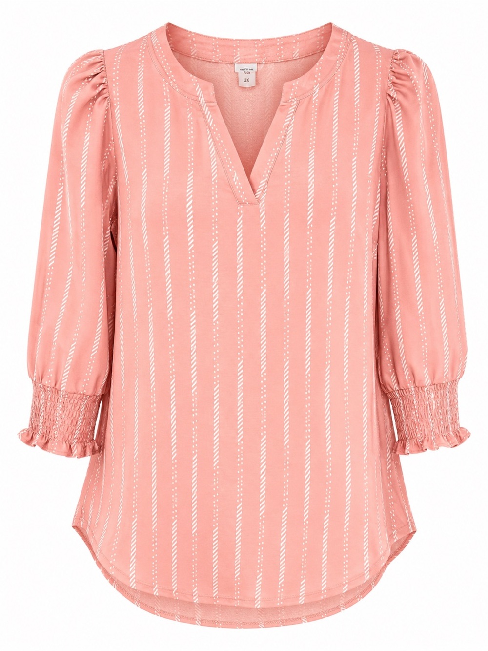 Pink Striped Smocked Sleeve Blouse 2X Puff Sleeve Business Casual Top Plus Size